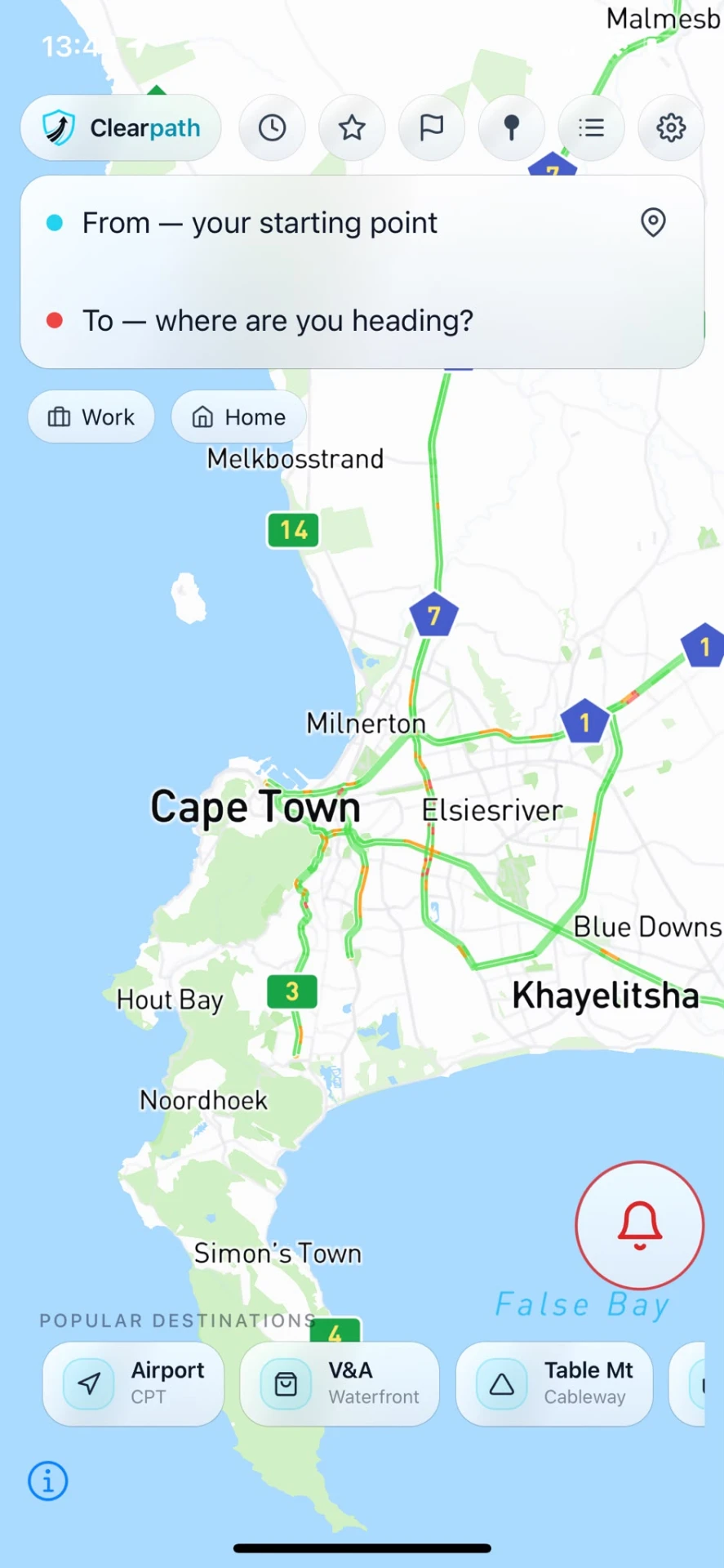 Clearpath app in light mode showing route search and Cape Town map