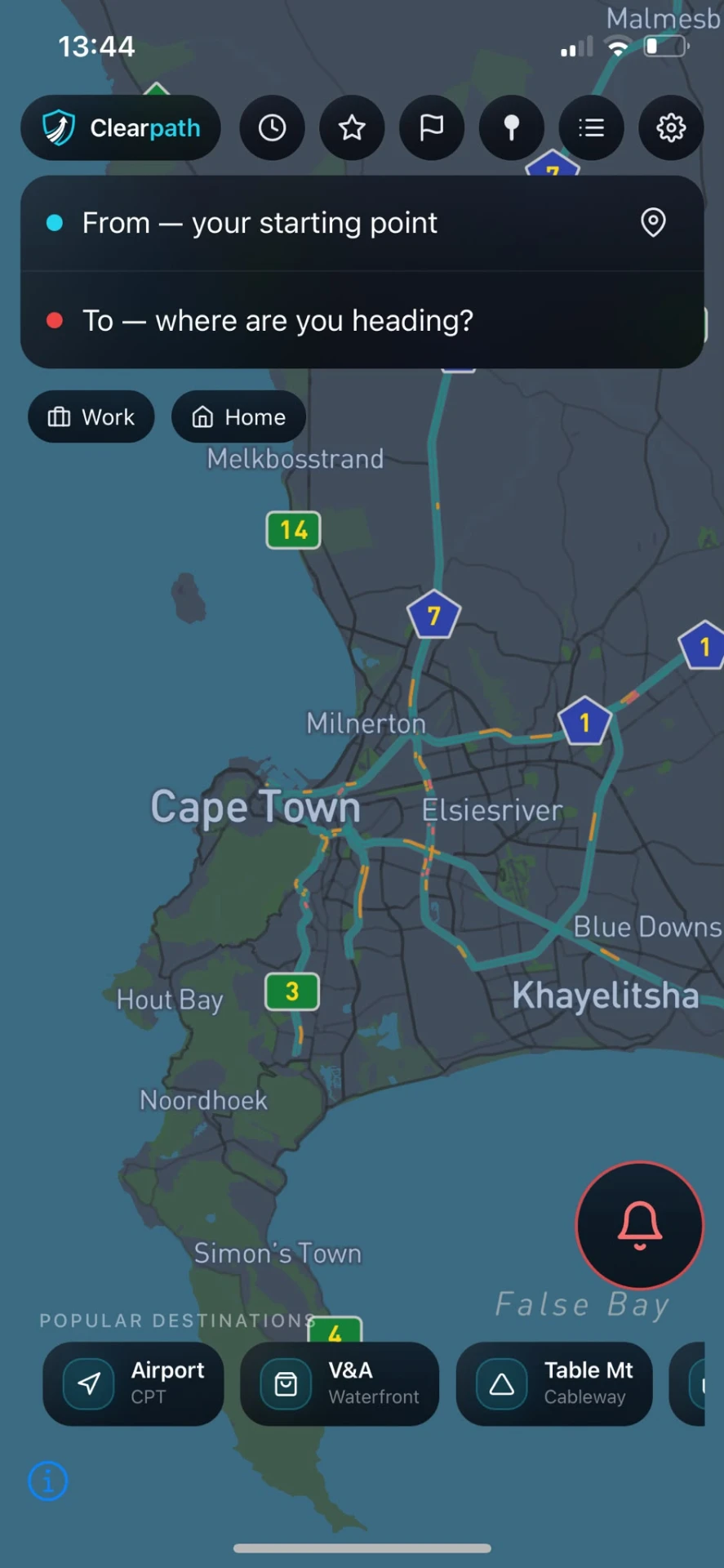 Clearpath app in dark mode showing route search and Cape Town map