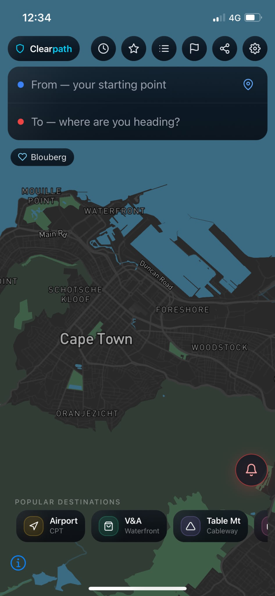 Clearpath app showing route search and Cape Town map